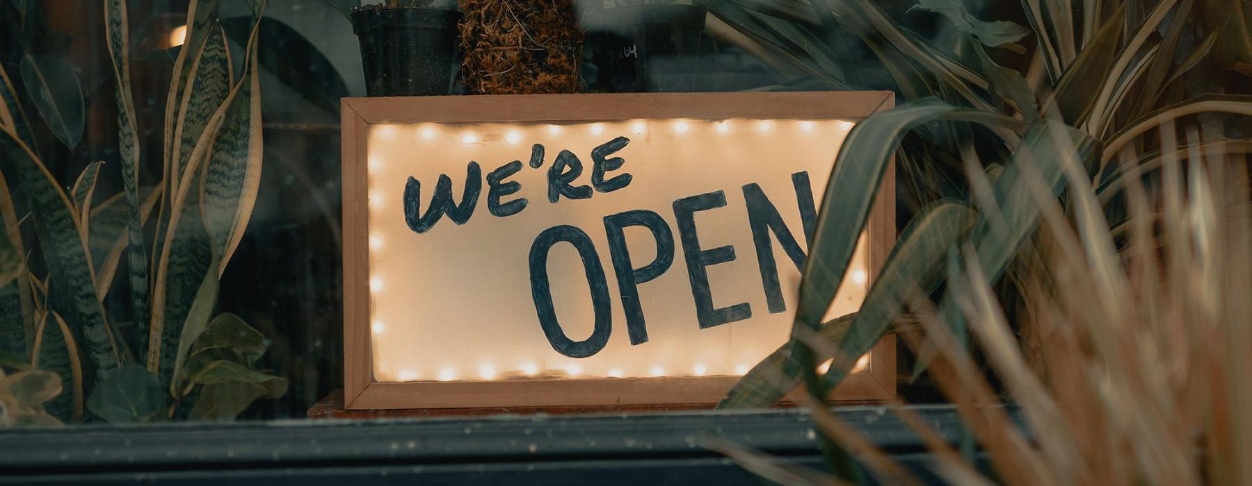 We're Open sign on a window ledge, surrounded by plants